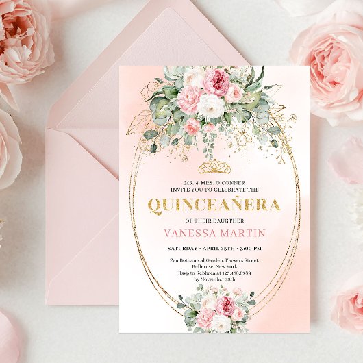 Bohemian Pale Pink Rose Gold Quinceañera Card 招待状