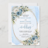 Bohemian Pastel Blue Floral Gold Wedding Invite 招待状 (正面)