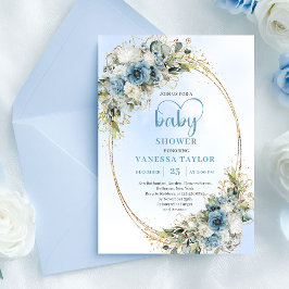 Bohemian Pastel Blue Floral Greenery Baby Shower  招待状