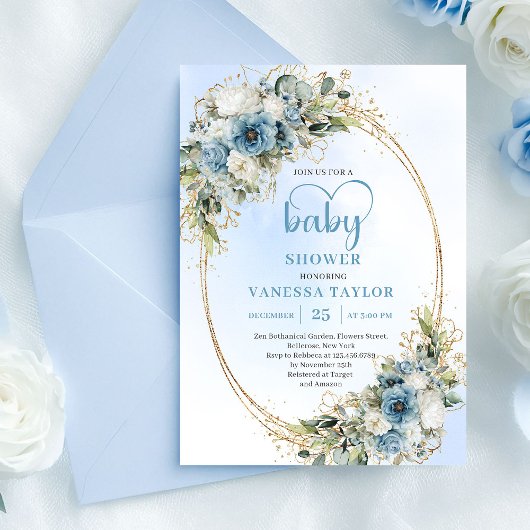 Bohemian Pastel Blue Floral Greenery Baby Shower  招待状