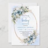 Bohemian Pastel Blue Floral Greenery Baby Shower  招待状 (正面)