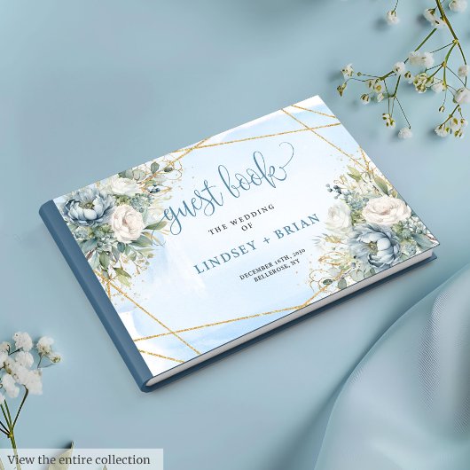 Bohemian Pastel Blue White Gold Peonies Guest Book ゲストブック
