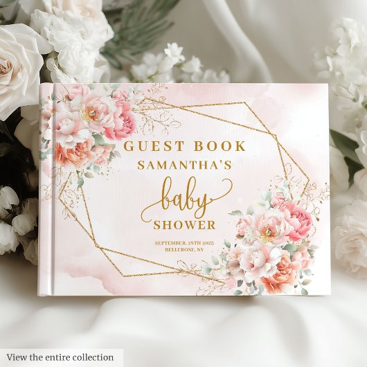 Bohemian pastel pink sage floral gold baby shower ゲストブック