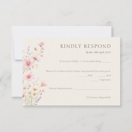 Bohemian Pastel Pink Wildflowers Wedding  出欠カード (正面)