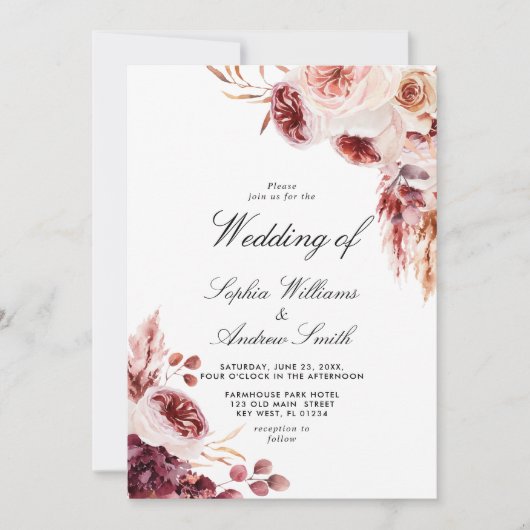 Bohemian Rose Elegant Rustic Wedding Invitation 招待状 (正面)