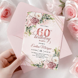 Bohemian Rose Gold Floral Greenery 60th Birthday 招待状
