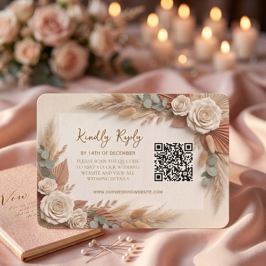 Bohemian Rustic Floral QR Code Wedding 出欠カード