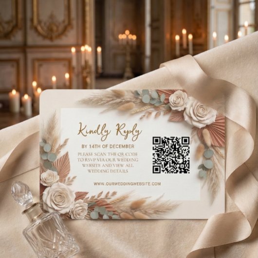 Bohemian Rustic Floral QR Code Wedding 出欠カード