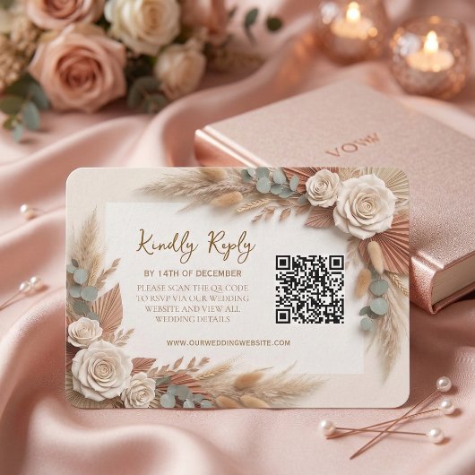 Bohemian Rustic Floral QR Code Wedding 出欠カード