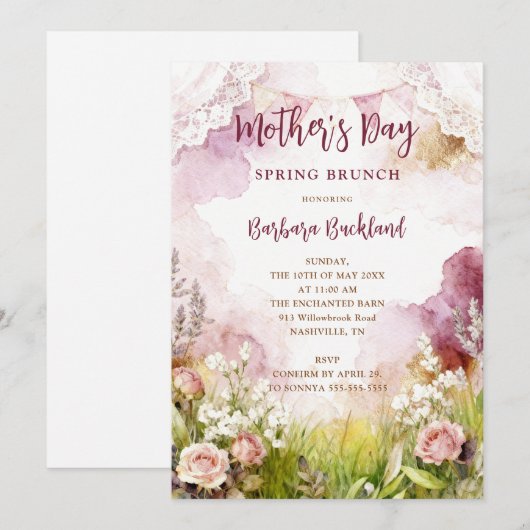 Bohemian Rustic Springtime Floral Mothers Day 招待状 (正面/裏面)