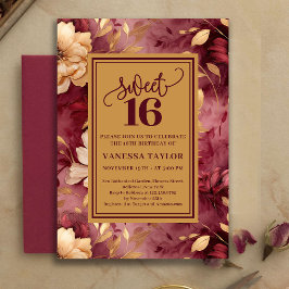 Bohemian Sweet 16 Burgundy Blush Floral Invite 招待状