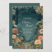Bohemian Teal Floral Dark Forest Moody Woodland 招待状 (正面/裏面)