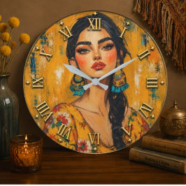 Bohemian Woman Portrait Colorful Floral Art ラージ壁時計