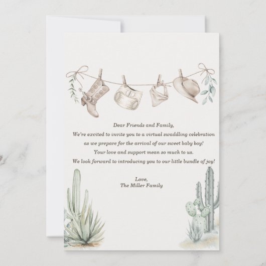 Bohoおむつパーティーカウボーイベビーシャワー 招待状 (裏面)