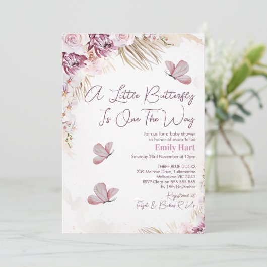 Bohoお洒落フローラバタフライベビーシャワー 招待状 (スタンド正面)