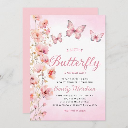 Bohoかわいいピンクのフローラ蝶ガール赤ちゃんシャワー 招待状 (正面/裏面)