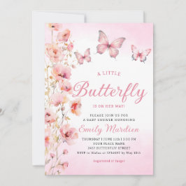 Bohoかわいいピンクのフローラ蝶ガール赤ちゃんシャワー 招待状