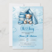 Bohoかわいい水色の茶色のテディベアのテント 招待状 (正面)