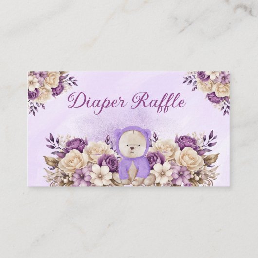 Bohoかわいい紫のフローラテディベアおむつラッフル エンクロージャーカード (裏面)