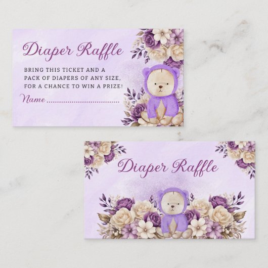 Bohoかわいい紫のフローラテディベアおむつラッフル エンクロージャーカード (正面/裏面)