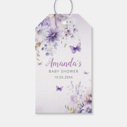 Bohoかわいい紫のフローラ蝶ガール赤ちゃんシャワー ギフトタグ (正面)