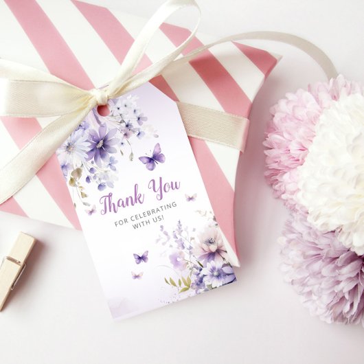Bohoかわいい紫のフローラ蝶ガール赤ちゃんシャワー ギフトタグ