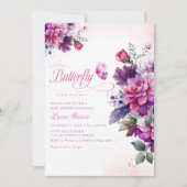 Bohoかわいい紫のフローラ蝶ガール赤ちゃんシャワー 招待状 (正面)