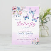 Bohoかわいい紫のフローラ蝶ガール赤ちゃんシャワー 招待状 (スタンド正面)