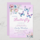 Bohoかわいい紫のフローラ蝶ガール赤ちゃんシャワー 招待状 (正面/裏面)