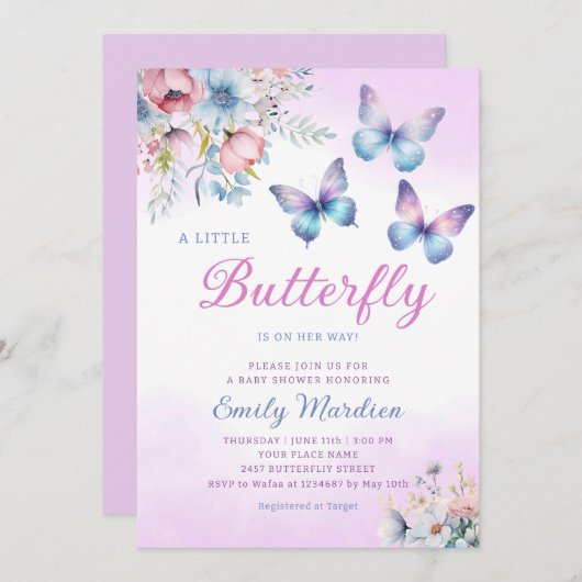 Bohoかわいい紫のフローラ蝶ガール赤ちゃんシャワー 招待状
