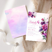 Bohoかわいい紫のフローラ蝶ガール赤ちゃんシャワー 招待状