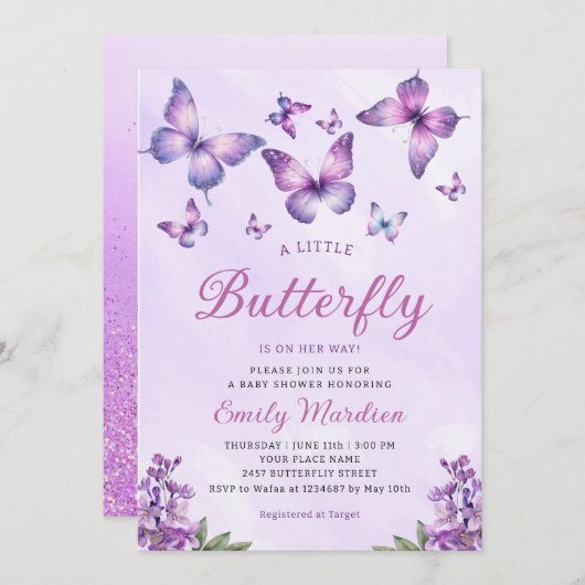 Bohoかわいい紫のフローラ蝶ガール赤ちゃんシャワー 招待状 (正面/裏面)