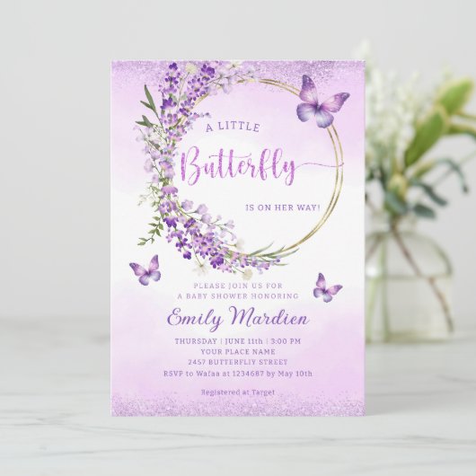 Bohoかわいい紫のフローラ蝶ガール赤ちゃんシャワー 招待状 (スタンド正面)
