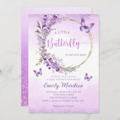 Bohoかわいい紫のフローラ蝶ガール赤ちゃんシャワー 招待状 (正面/裏面)