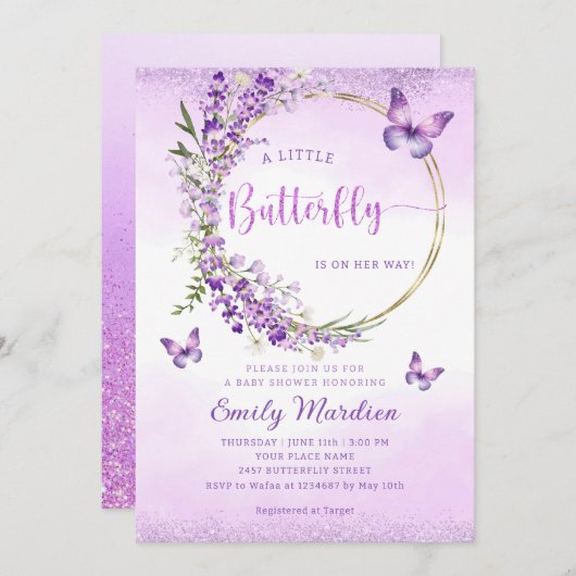 Bohoかわいい紫のフローラ蝶ガール赤ちゃんシャワー 招待状 (正面/裏面)