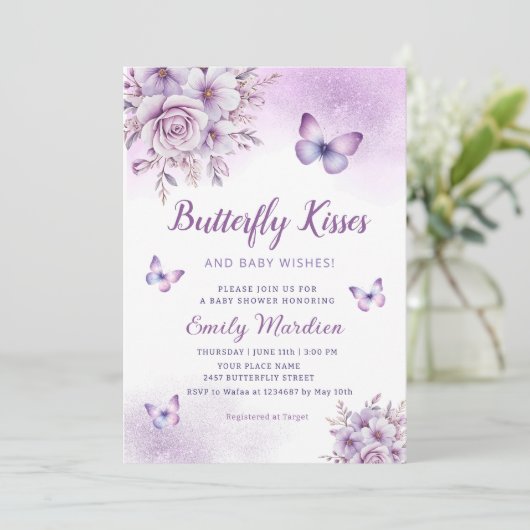 Bohoかわいい紫のフローラ蝶ガール赤ちゃんシャワー 招待状 (スタンド正面)