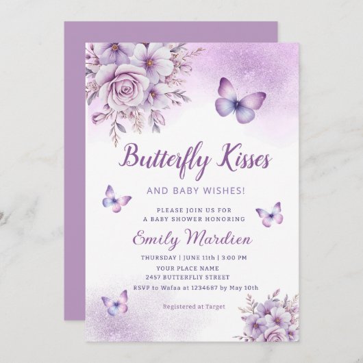 Bohoかわいい紫のフローラ蝶ガール赤ちゃんシャワー 招待状 (正面/裏面)