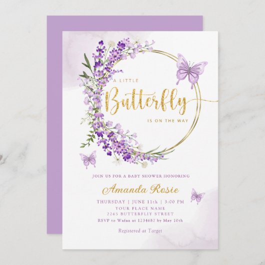 Bohoかわいい紫のフローラ蝶ガール赤ちゃんシャワー 招待状 (正面/裏面)