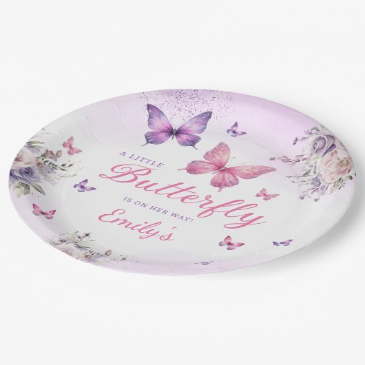 Bohoかわいい紫色の蝶フローラ女の子の赤ちゃんシャワー ペーパープレート (アングル)