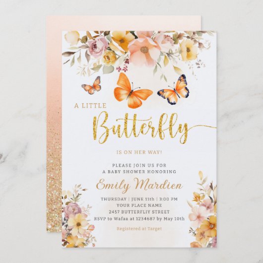 Bohoかわいい蝶ワイルドフラワーガールベビーシャワー 招待状 (正面/裏面)