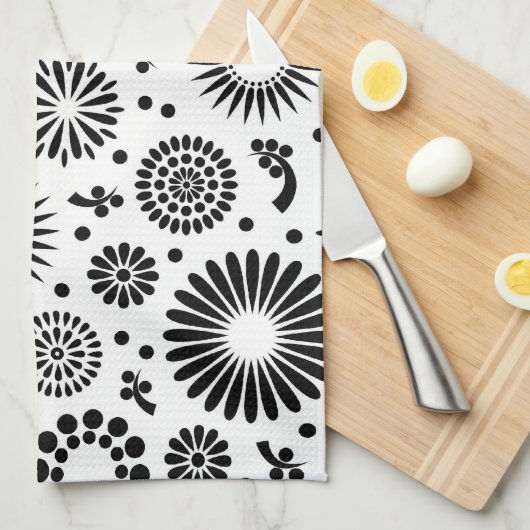 Bohoによっては白黒ベクトル花柄パターンが開花します キッチンタオル (四つ折り)