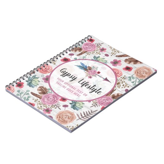 Bohoのシックで素朴な羽の矢の水彩画のボヘミア人 ノートブック (左側)