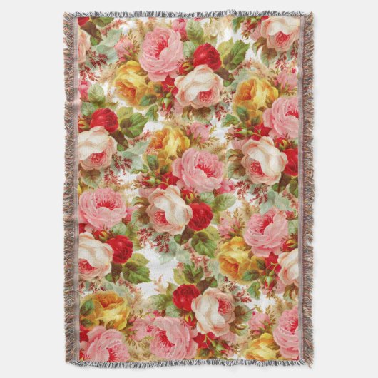 Bohoのシックなピンクのアイボリーのヴィンテージのバラの花の絵画 スローブランケット (正面縦)