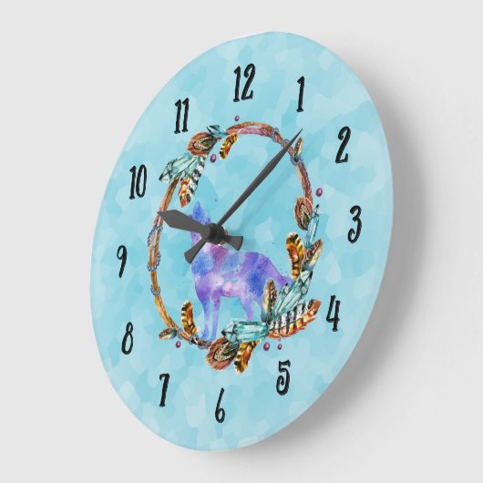 Bohoのスタイルのリースで遠ぼえしている水彩画のオオカミ ラージ壁時計 (傾斜)