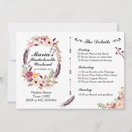 Bohoのバチェロレッテの週末の旅程の招待状 招待状 (正面)