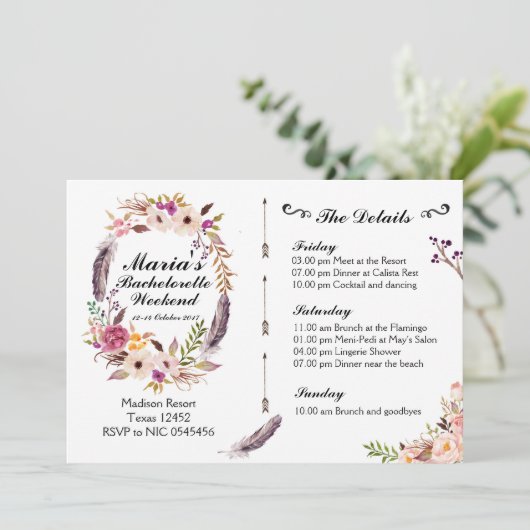 Bohoのバチェロレッテの週末の旅程の招待状 招待状 (スタンド正面)
