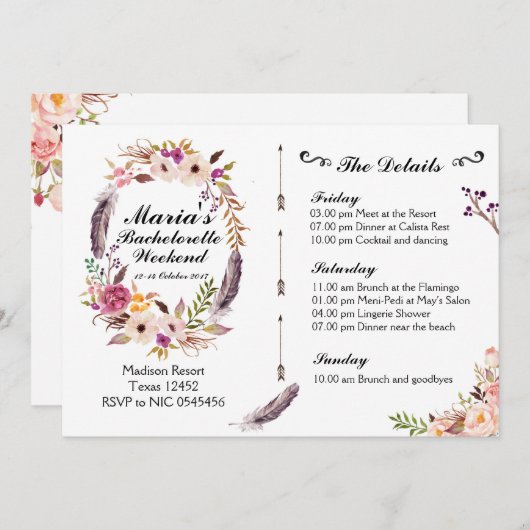 Bohoのバチェロレッテの週末の旅程の招待状 招待状 (正面/裏面)