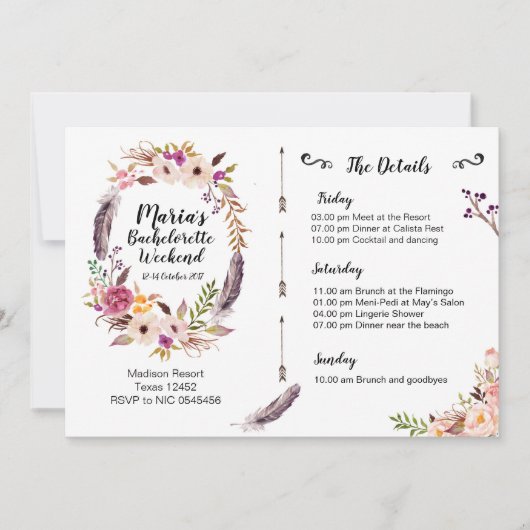 Bohoのバチェロレッテの週末の旅程の招待状 招待状 (正面)