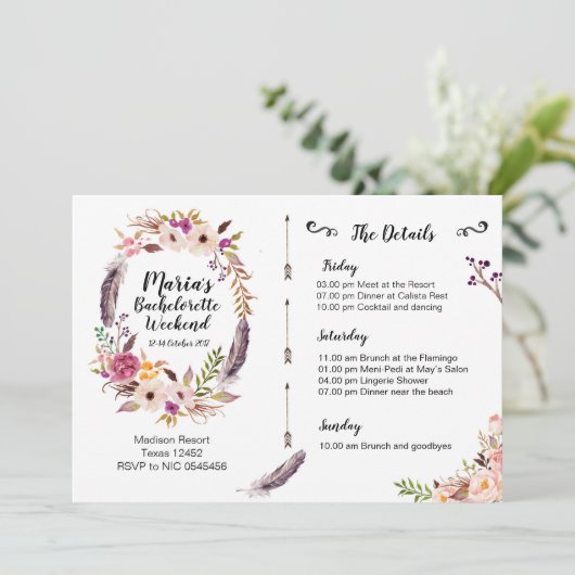 Bohoのバチェロレッテの週末の旅程の招待状 招待状 (スタンド正面)
