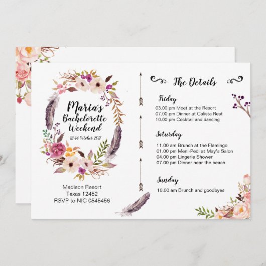 Bohoのバチェロレッテの週末の旅程の招待状 招待状 (正面/裏面)